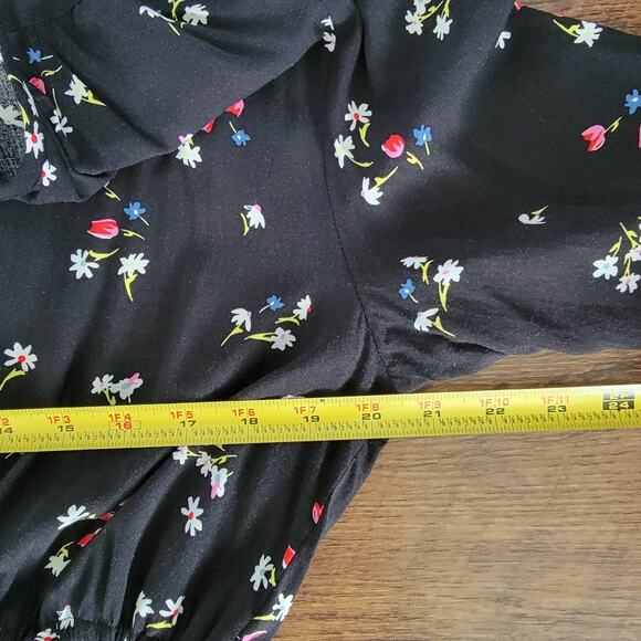 Loft Black Floral Cinch Waist Mini Dress Womens L Romantic Office Fairy Cottage - Picture 7 of 9